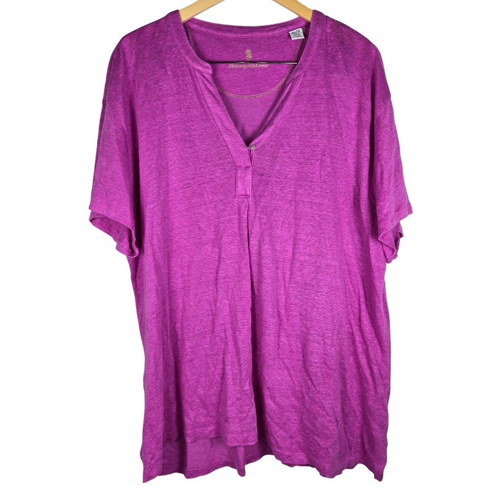 Tommy Bahama Womens XL Pink 100% Linnea Short-Sleeve Linen T-Shirt Henley Top